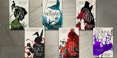 six book covers with the names of different characters on them, all in black and white