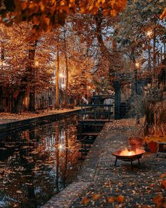 an outdoor fire pit next to a river