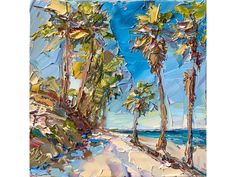 a painting of palm trees on the beach