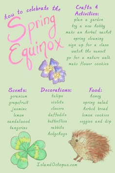 the spring equinox poster is shown with flowers and an image of a hedge