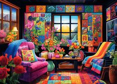 a room filled with lots of colorful furniture and flowers