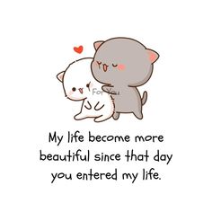 two cats hugging each other with the caption that says, my life become more beautiful since that day you entered my life