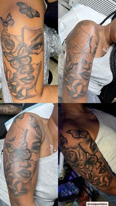 four different images of tattoos on the arm and shoulder, all with butterflies in them