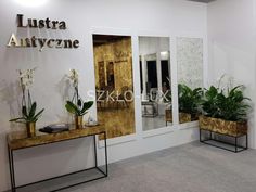 the entrance to an office with plants and mirrors on the wall in front of it