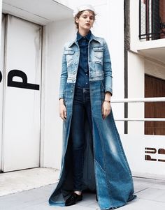 Elle France October 2016 | wearesodroee Long Trench Coat Women, Trench Coats Women Long, Ropa Upcycling, Moda Hippie, Look Jean, Denim Outfits, Denim Inspiration, Repurposed Clothing, Altered Couture