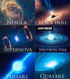 four different types of stars in the sky with caption that reads, black hole universe neutron star pulsars