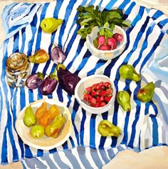 a painting of bowls of fruit and vegetables on a blue and white striped towel