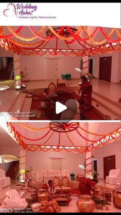 two pictures of the inside of a room with orange and red ribbons hanging from it's ceiling