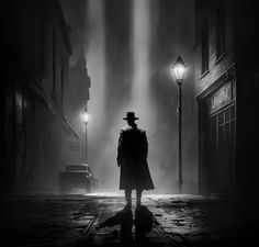 a man with a top hat and coat standing in the dark on a city street