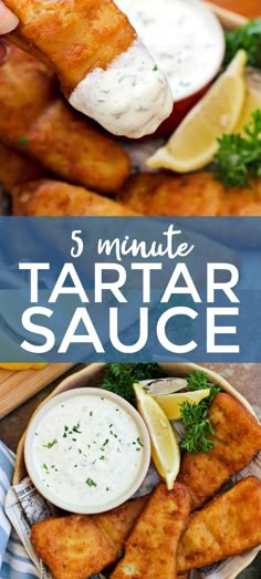 some food is on a plate with sauce and lemon wedges in the background that says 5 minute tartar sauce