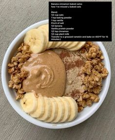 a bowl filled with bananas, granola and peanut butter on top of each other