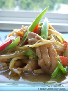 stir fried noodles with meat and vegetables on a plate in front of a windowsill