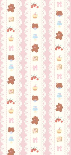 a pink and white striped wallpaper with teddy bears on the top, one holding a cupcake