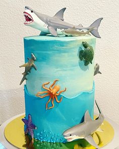 there is a cake decorated with sea animals on it