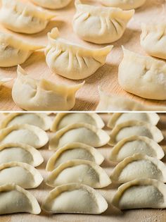 dumplings are being prepared and placed on a cutting board to be cooked in the oven