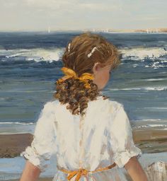 a painting of a girl on the beach looking out at the ocean with her back to the camera