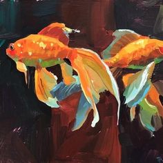 two goldfish are swimming in an orange vase