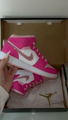 Barbie pink Nike Air Jordan 1 Mid GS with Swarovski crystals Nike Shoes Women Fashion, Air Jordan 1 Mid Gs, Pink Jordans, Pink Nike Shoes, Pretty Sneakers, Nike Shoes Girls, Nike Fashion Shoes, Preppy Shoes, Jordan Shoes Girls