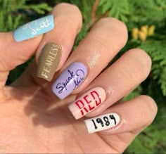 70+ Nail Designs Inspired by Taylor Swift’s Eras Tour - Boss Babe Chronicles Taylor Swift Acrylic Nails, Taylor Swift Nail Art, The Old Taylor, Album Names, Homecoming 2023, Taylor Nails