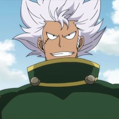 an anime character with white hair and green eyes looking over his shoulder at the camera