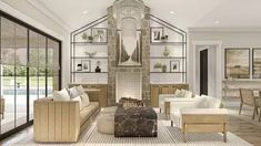 a living room filled with furniture next to a fireplace and lots of glass doors on the wall