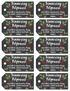 six christmas gift tags with the words, simmering peppermint and an image of holly