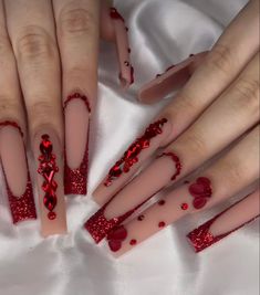 Clear Glitter Nails, Long Red Nails, Stone Nail Art, Nail Designs Ideas, Punk Nails, Simple Acrylic Nails