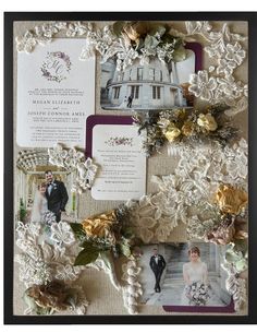 a wedding photo frame with flowers and lace on the bottom, surrounded by other photos