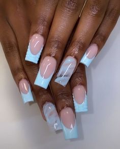 Cute Short Nail Sets Spring, Pink And White Acrylic Nails With Design French Tips, Short Blue Square Acrylic Nails, Prom Nails Acrylic Short Square, Short Acrylic Nails Designs White, Graduation Nail Ideas Short, French Tip Nails With Design Short, Blue Nails Ideas Short, Blue Acrylic Nails Square