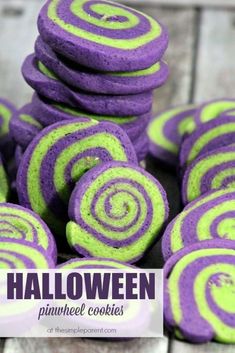 purple and green halloween cookies stacked on top of each other with the words, halloween pinwheel cookies