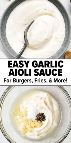 Easy garlic aioli sauce recipe Roasted Potatoes With Aioli, Burger Dipping Sauce, Lemon Garlic Aioli Recipe, Garlic Aioli Burger, Healthy Aioli Recipe, Hamburger Aioli Sauce, Garlic Fry Sauce, Garlic Aoli Fry Sauce