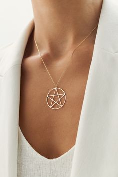 Pentacle 14k Solid Gold Necklace, Pentagram Necklace, Mystic Symbol Necklace, Star Charm Necklace, Geometric Design  Material: Solid Gold Karat: 14 K (585) Approximate weight : 1,74 gram Want to Check Out More from Our Sections FİEMMA http://www.etsy.me/3ukWhje Gold Rings http://www.etsy.me/39E9NGS Gold Necklaces http://www.etsy.me/31NdjtO Gold Bracelets http://www.etsy.me/2QT9SzF Gold Earrings http://www.etsy.me/3mfSmRK Gold Pendants http://www.etsy.me/3uiXrLZ Gold Chains http://www.etsy.me/2PzqkVB Wholesale requests are welcome. **Please see our policies section for shipping and return information. Feel free to contact me with any questions or request Wholesale requests are welcome. **Please see our policies section for shipping and return information. Feel free to contact me with any qu Mystical Star-shaped Necklace For Gift, Gold Star Celestial Jewelry, Mystical Gold Star Jewelry, Symbolic Star Charm Pendant Necklace, Symbolic Pendant Necklace With Star Charm, Pentacle Necklace, Mystic Symbols, Pentagram Necklace, Geometric Pendant Necklace