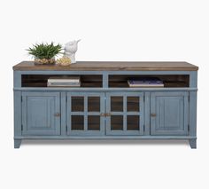 a blue entertainment center with two doors and shelves on each side, topped with a potted plant