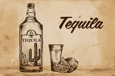 Bottle of tequila with lime & glass by Matrosovv on @creativemarket Mexico Illustration, Bottle Of Tequila, Atrapasueños Tattoo, Hand Background, Tiki Signs, Small Shoulder Tattoos, Bottle Drink, Bottle Tattoo, Bottle Drawing