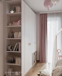 a bedroom with pink curtains and white furniture