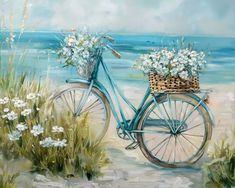 a painting of a blue bicycle with flowers in the basket sitting on the sand at the beach