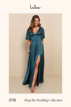 a woman in a long green dress with the words shop the wedding collection on it