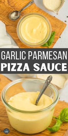 garlic parmesan pizza sauce in a small glass bowl with a spoon on the side