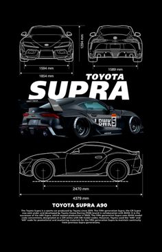 the toyota supra blueprint is shown in black and features an outline of the car