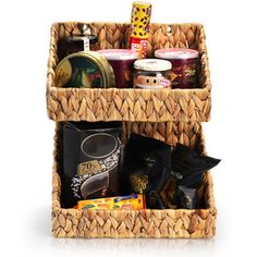 a wicker basket filled with food and condiments