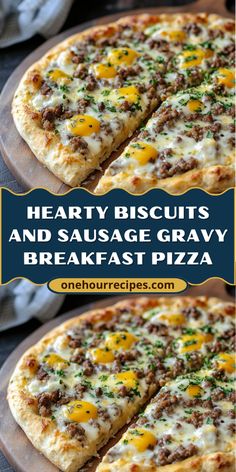 hearty biscuits and sausage gravy breakfast pizza on a wooden platter with text overlay