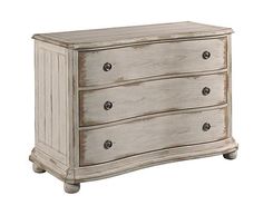 an old white dresser with drawers and knobs on the bottom drawer, isolated against a white background