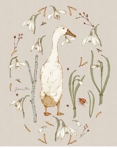 a watercolor painting of a duck surrounded by flowers