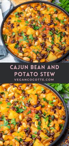 two images showing how to make cajun bean and potato stew