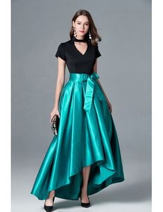 Black And Green Hi Low Formal Dress With Cap Sleeves Homecoming Dresses High Low, Dress With Cap Sleeves, Satin Evening Dresses, A Line Prom Dresses, Rock Chic, Applique Dress, Career Dress, Stylish Dresses, Skirt Fashion