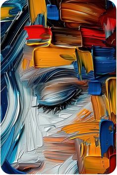 an abstract painting with blue, yellow and red colors on it's face is featured in this image