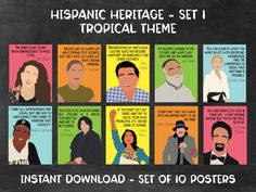 Hispanic Heritage Month is celebrated from September 15-October 15.  Introduce your audience to notable Hispanic figures during this time period or any time of the year!  Each poster contains an artistic rendering of the figure, their name, and a quote.  While some people may be household names, I've also tried to include people who may be less known but just as important with their contributions.  These are perfect to promote diversity and inspire the youth to advocate for change in their world. This set is also available in Boho and Groovy color themes. Look for more sets in the future! This set includes: Julia Alvarez Jose Andres Cesar Chavez Roberto Clemente X Gonzalez Carolina Herrera Dolores Huerta Lin-Manuel Miranda Carlos Santana Sonia Sotomayor *Instant Download* This is a digital Hispanic Heritage Month Bulletin Board, Librarian Ideas, Julia Alvarez, Interactive Poster, Gabriel Iglesias, Cesar Chavez, Roberto Clemente, School Librarian, Hispanic Heritage Month