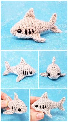 crocheted toy shark with black eyes is shown in four different stages to make it look