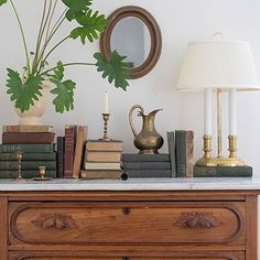 an old dresser with books and plants on top