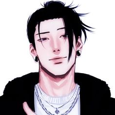 an anime man with black hair and piercings on his ears is looking at the camera